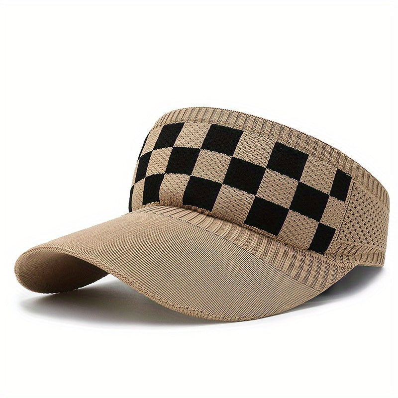 Plaid Pattern Knitted Visor Hat Elastic UV Protection Ponytail Sun Hats