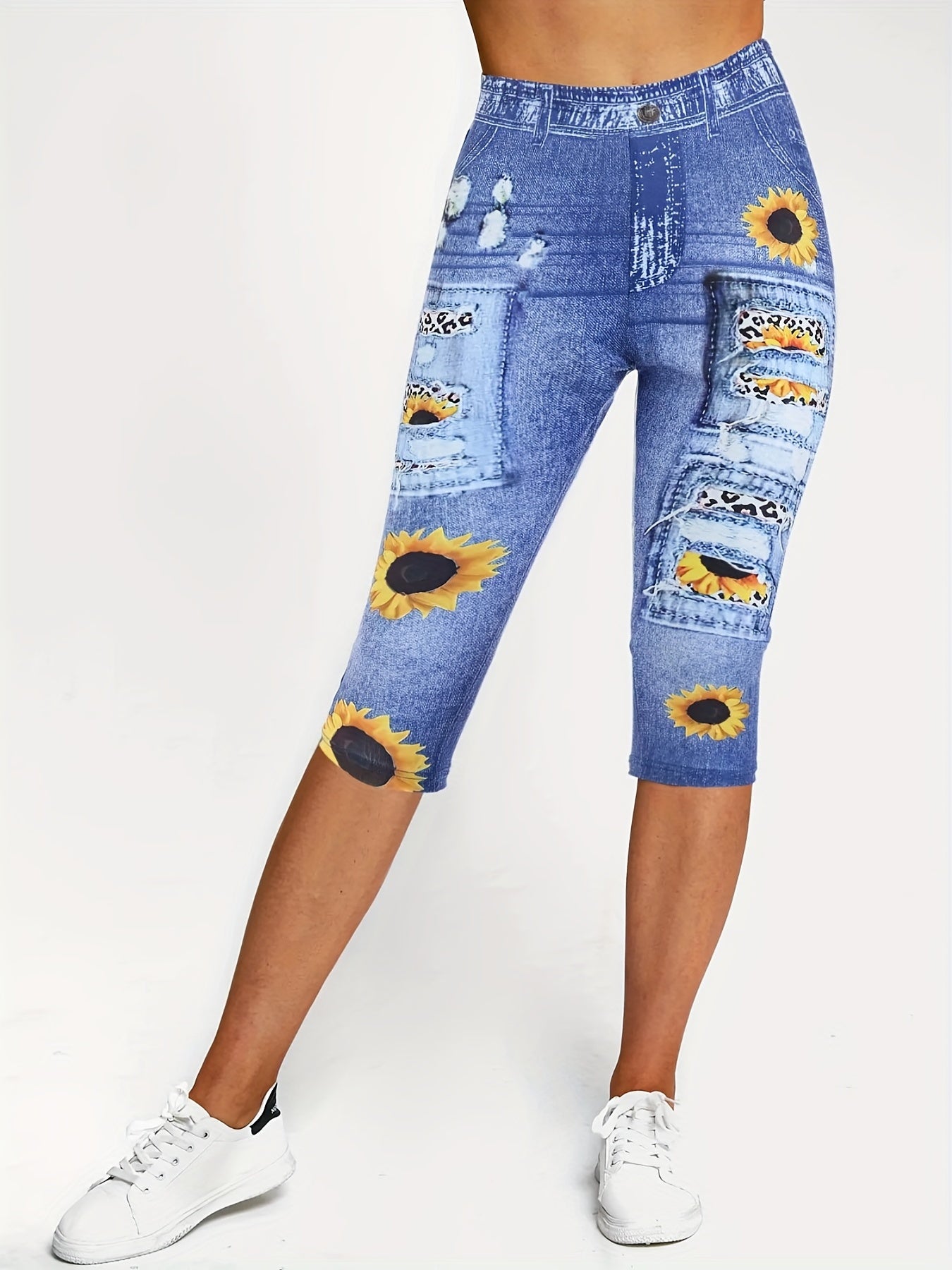 Sunflower Print Capris Leggings for Women