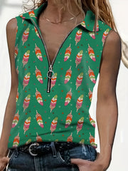 Feather Print Zipper Tank Top Women's Sleeveless Summer Casual Tank Top