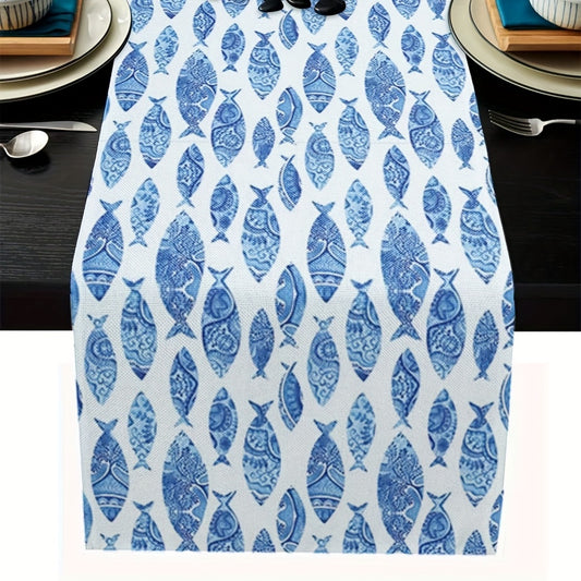 Long Fish Pattern Linen Table Runner Heat Resistant Washable 33x182 cm