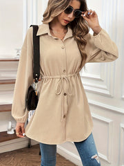  Solid Waffle Drawstring Drop Shoulder Long Sleeve Tunic Shirt Top
