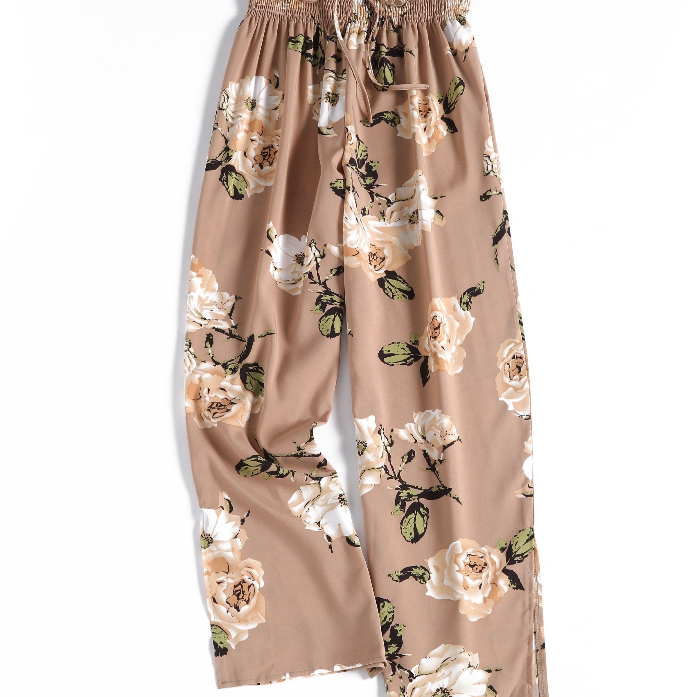  Pants Women's Plus Floral Print Tie Waist Trousers