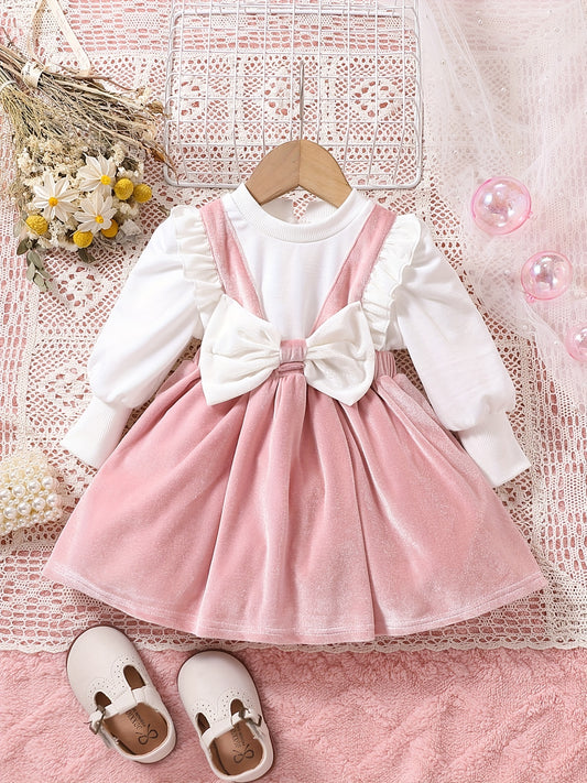 Sweet & Baby Girls Princess Dress Long Sleeve Top Velvet Skirt With Big Bow Back