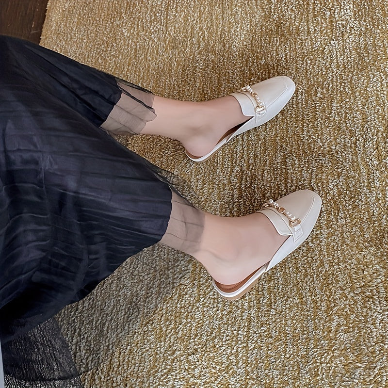 Pearl Chain Square Toe Mules Loafers