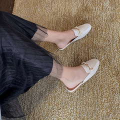 Pearl Chain Square Toe Mules Loafers