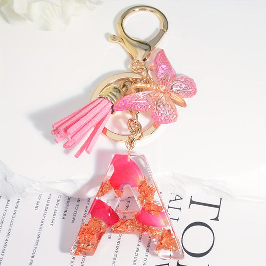 Resin Floral Letter Keychain with Tassel & Butterfly Pendant