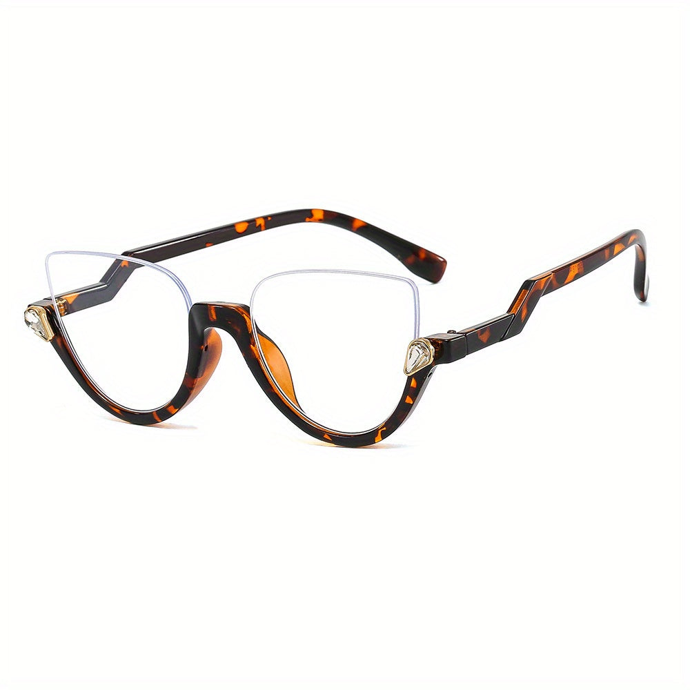 Semi Rimless Cat Eye Clear Lens Glasses with Rhinestone Decor