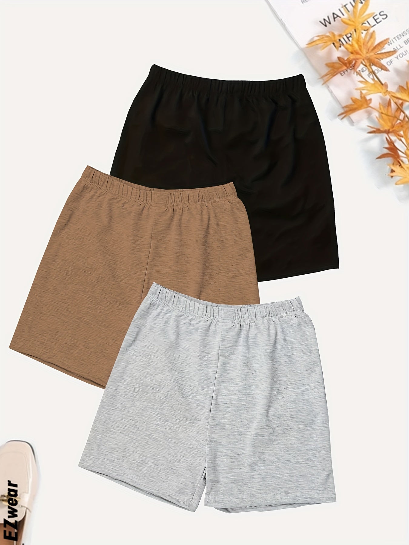 Solid Elastic Waist Shorts 3 Pack Wide Leg Casual Workout Versatile Shorts