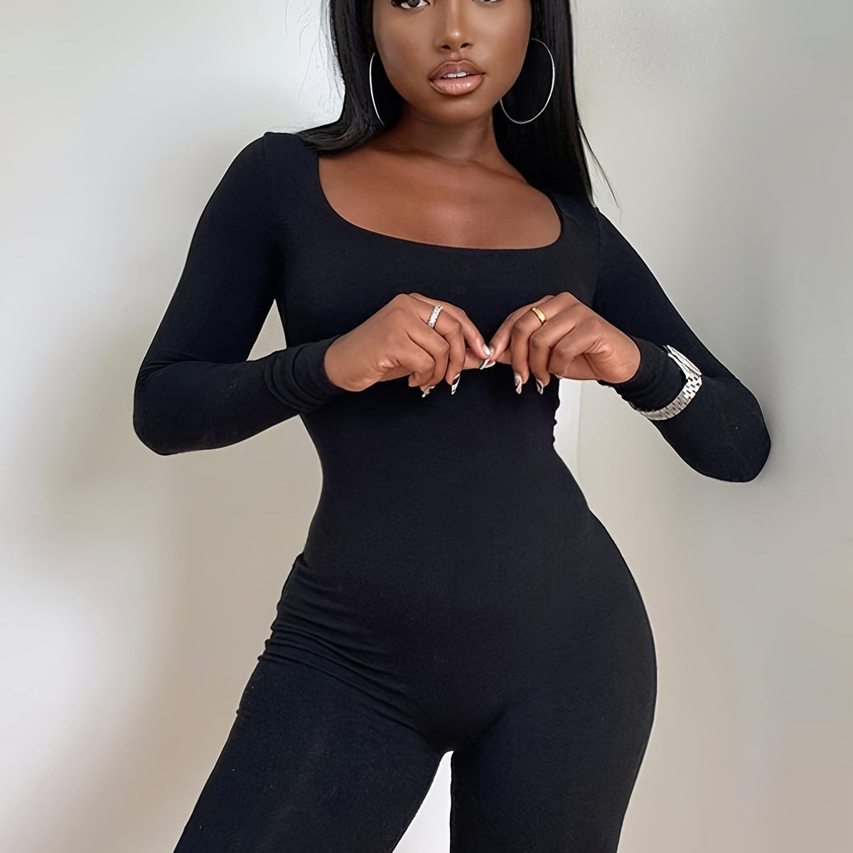 Solid Bodycon Long Sleeve Jumpsuit for Women