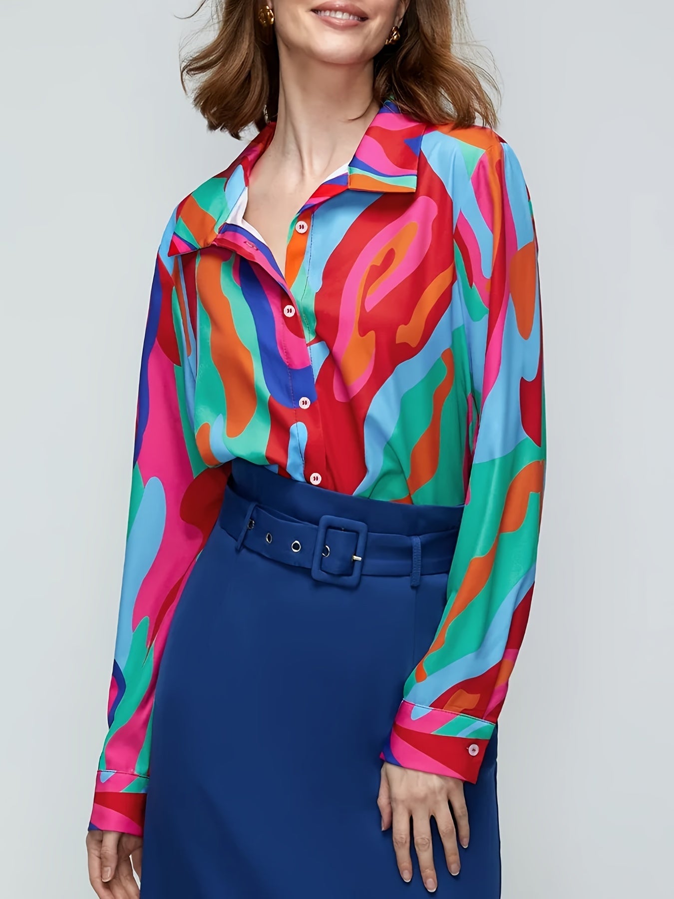  Blouse Women's Plus Contrast Button Up Long Sleeve