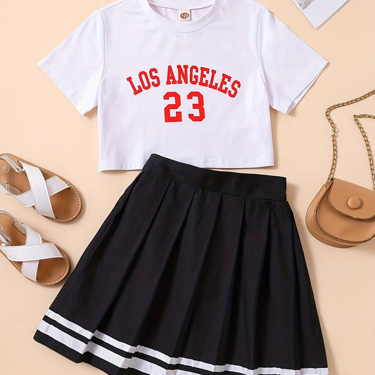 2pcs Girls LOS ANGELES Graphic Tee & Pleated Skirt Set Kids Summer Clothes