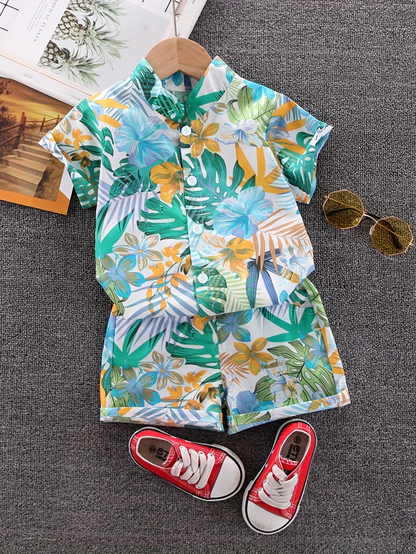 Boys Leaf & Flower Print Outfit Shirt & Shorts Kids Summer Clothes Sets