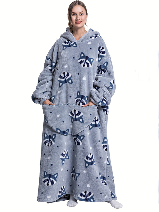Women's Plus Size Raccoon Pattern Flannel Hoodie Nightgown