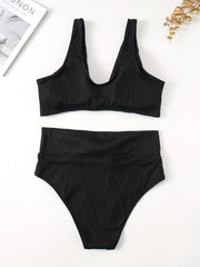  Solid Ribbed Bikini Set with Bow Knot Cut Out