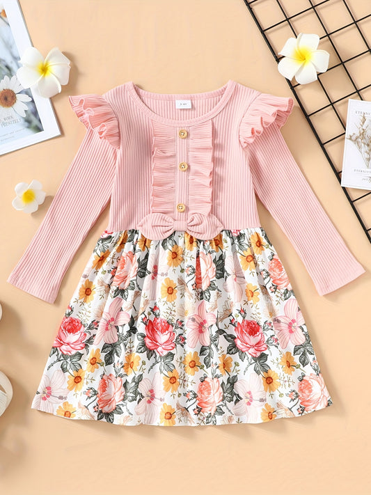 Toddler Kids Floral Print Bowknot Dress Long Sleeves Fall Dress For Girls