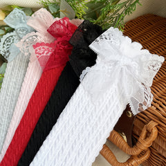 5 Pairs Girls Lace Bow Knit High Socks for Autumn/Spring