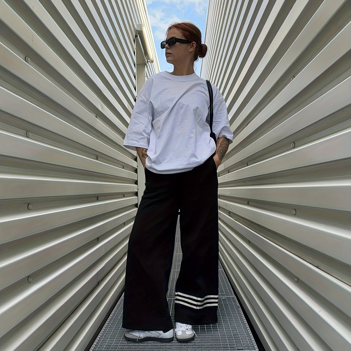  Wide Leg Stripe Print Pants with Pockets
