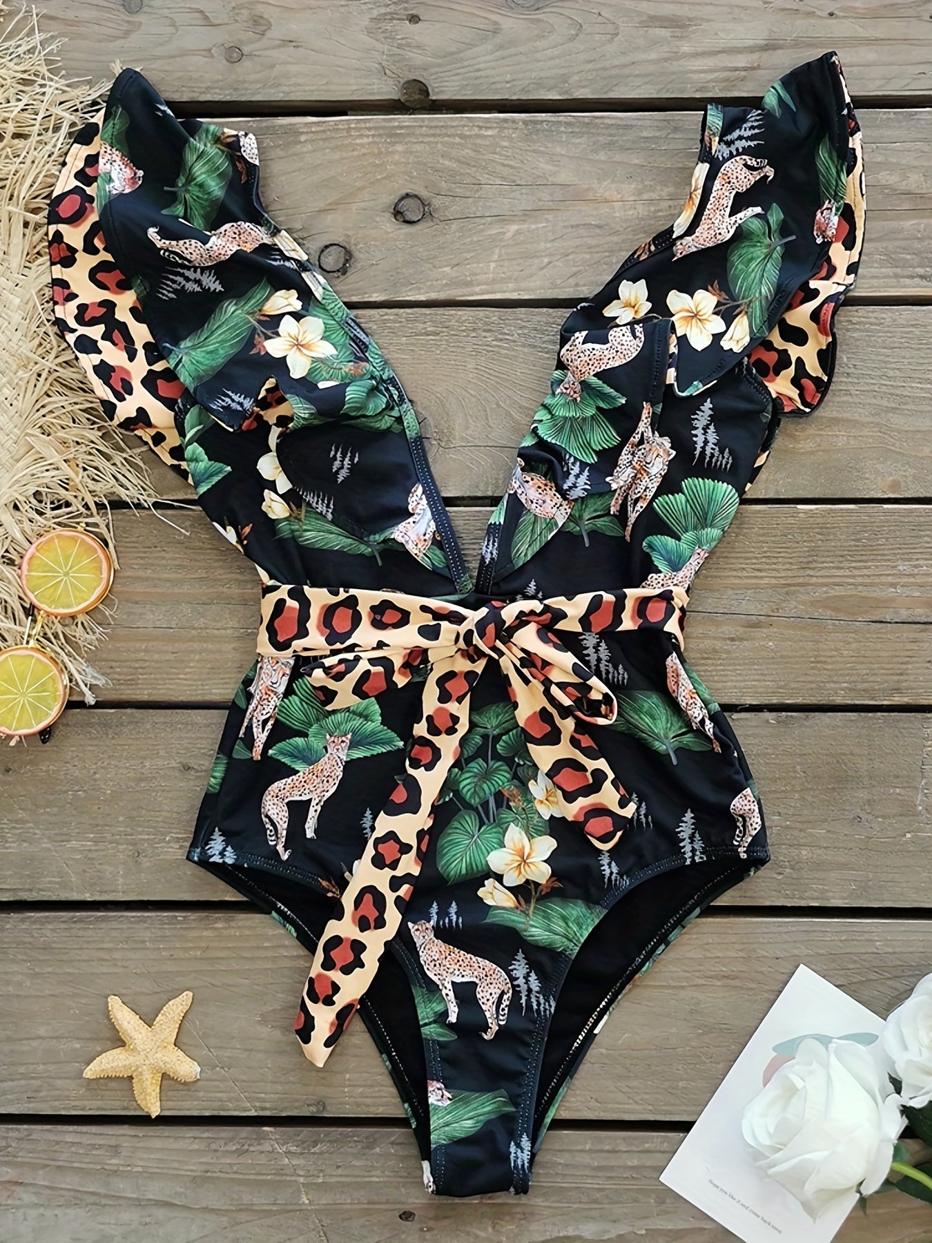 Leopard Print Ruffle Trim Tie Belt One Piece Swimsuit