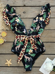 Leopard Print Ruffle Trim Tie Belt One Piece Swimsuit
