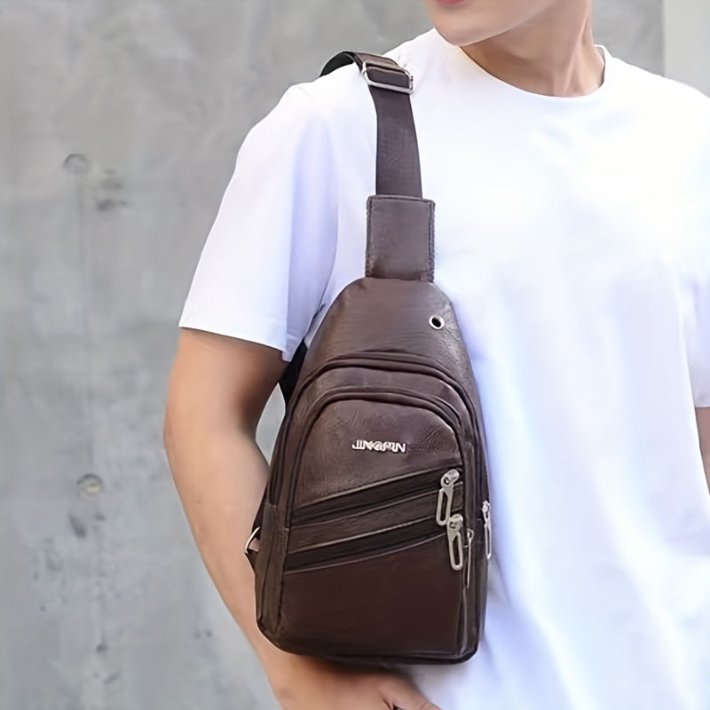 Men's Leather Crossbody Bag with Earphone Hole Large Capacity Satchel Chest Bag