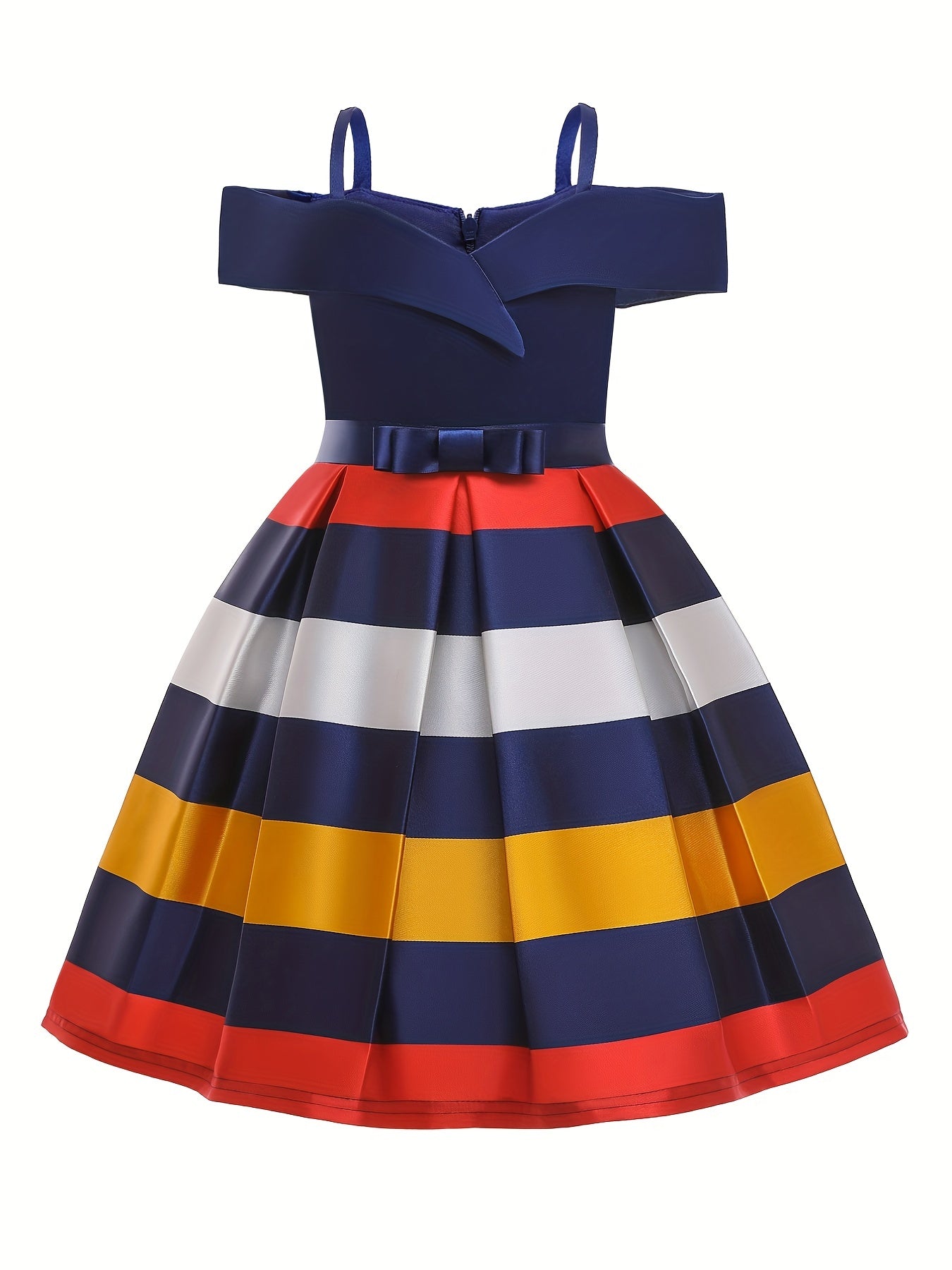 Girls Striped Bow Princess Dress Gown Cold Shoulder Piano Performance