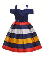 Girls Striped Bow Princess Dress Gown Cold Shoulder Piano Performance