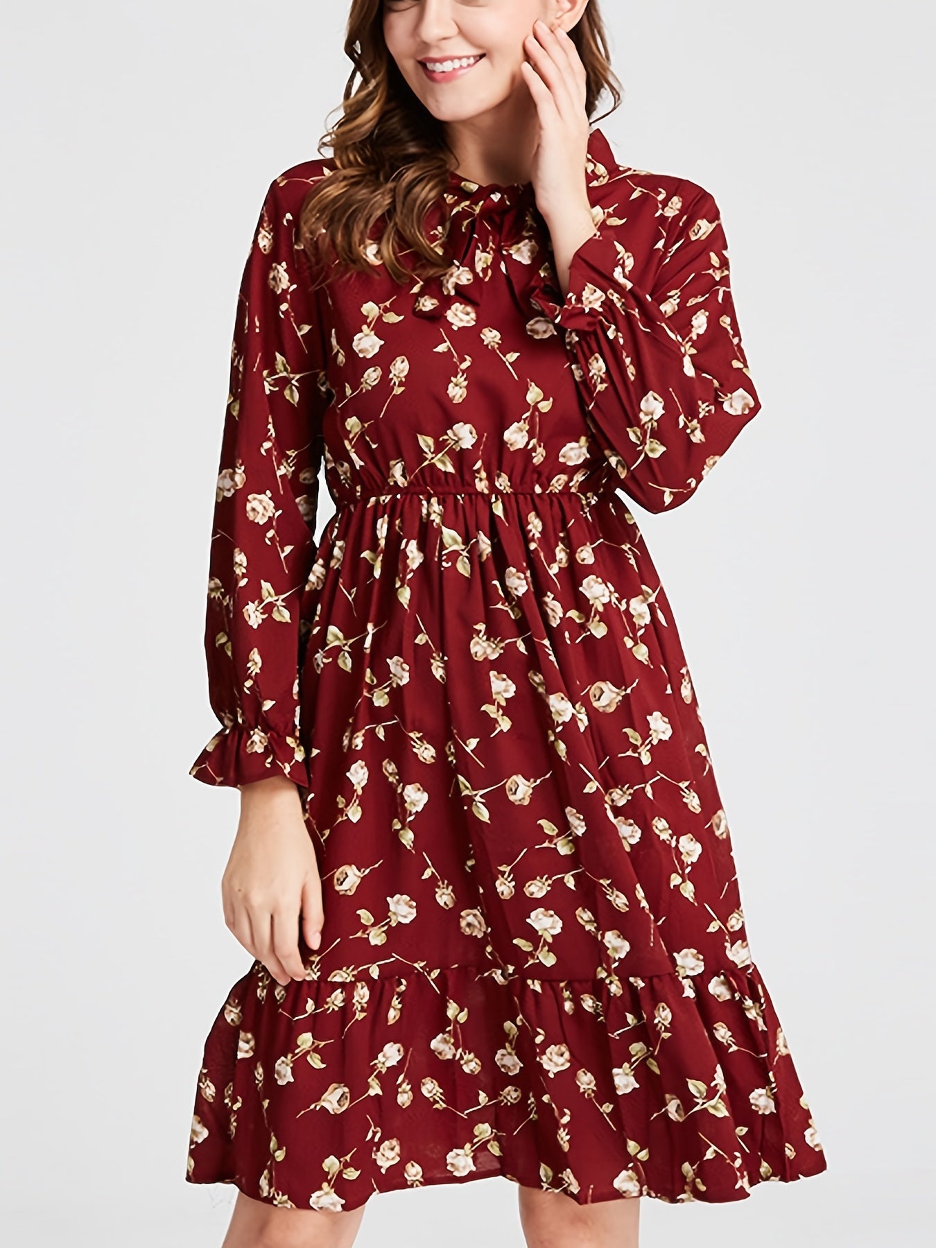 Floral Print Knot Front Ruffle Trim Midi Dress