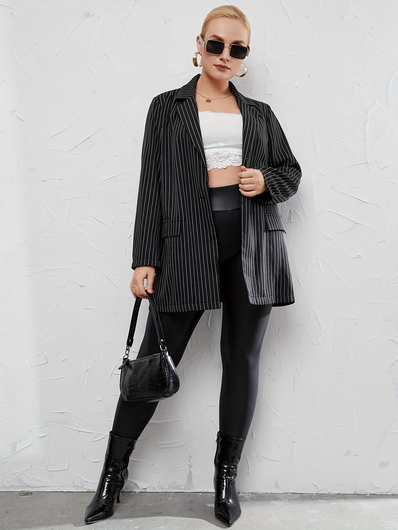  Stripe Print Long Sleeve Blazer