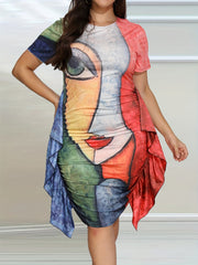  Abstract Figure Print Short Sleeve Ruffle Trim Dress
