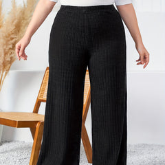  Solid Ribbed High Rise Wide Leg Trousers