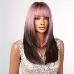 Ombre to Deep Brown Straight Hair with Bangs Wig for Women Girls