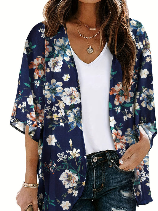 Floral Print V Neck Sheer Sleeves Cover Up Shirt