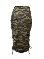  Ruched Tie Camo Midi Skirt