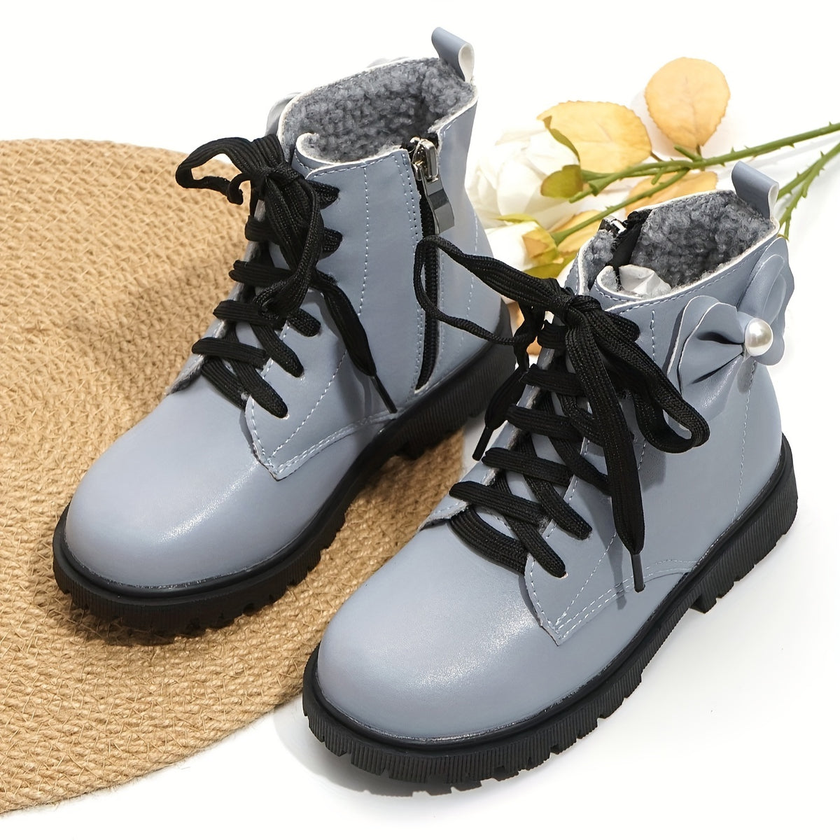 Bowknot Plus Fleece Boots With Zipper For Girls