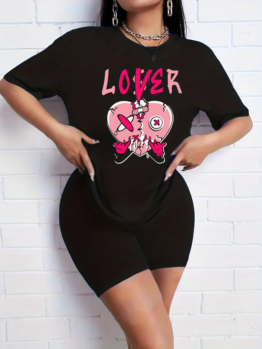2pcs Heart Graphic T Shirt & Solid Shorts Set Women's Activewear