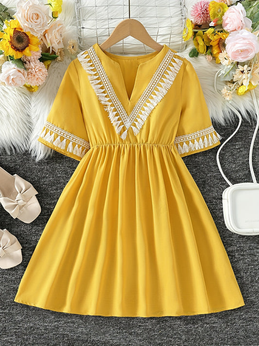 Girls Tassel V-neck Short Sleeve Dress For Party Going Out Beach Holiday