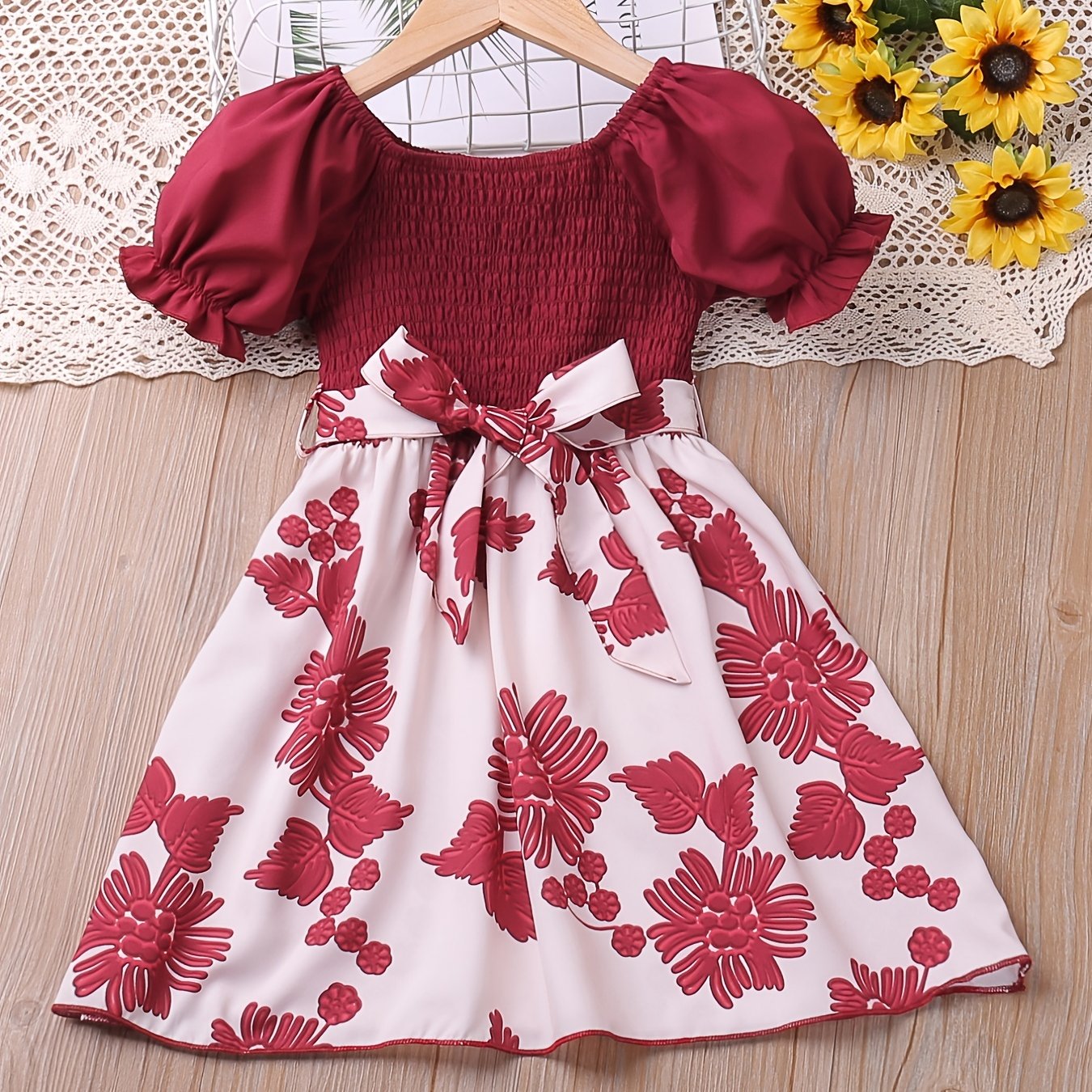 Girl's Puff Sleeve Shirred Floral Midi Dress with Belt
