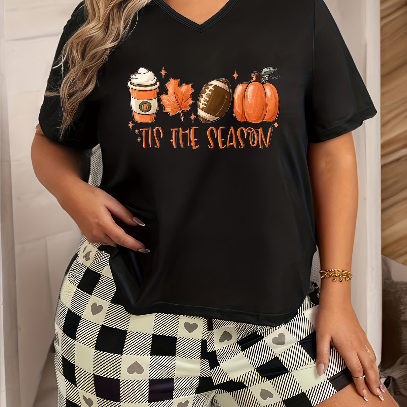  Pumpkin Slogan Print V Neck Pajama Top