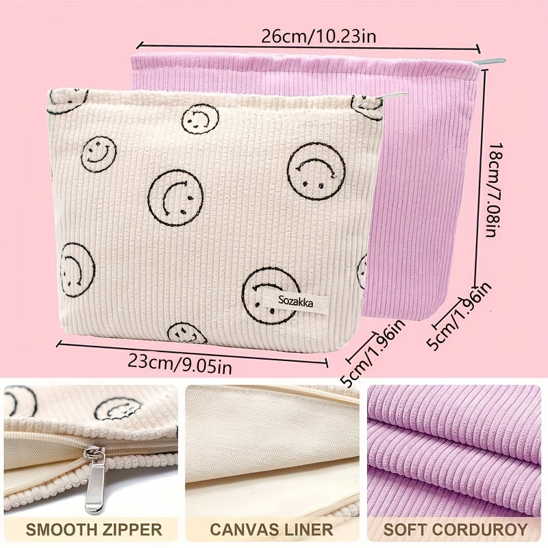 2Pcs Corduroy Makeup Bag Large Capacity Women Organizer Zipper Pouch