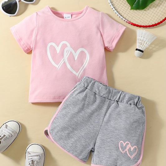2pcs Baby Girls Heart Print T shirt & Shorts Set Summer Clothes