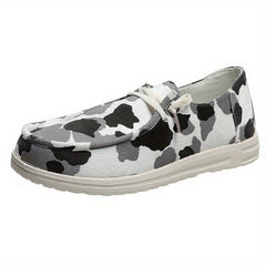 Cow Printed Flat Loafers Round Toe Lace Up Walking Sneakers