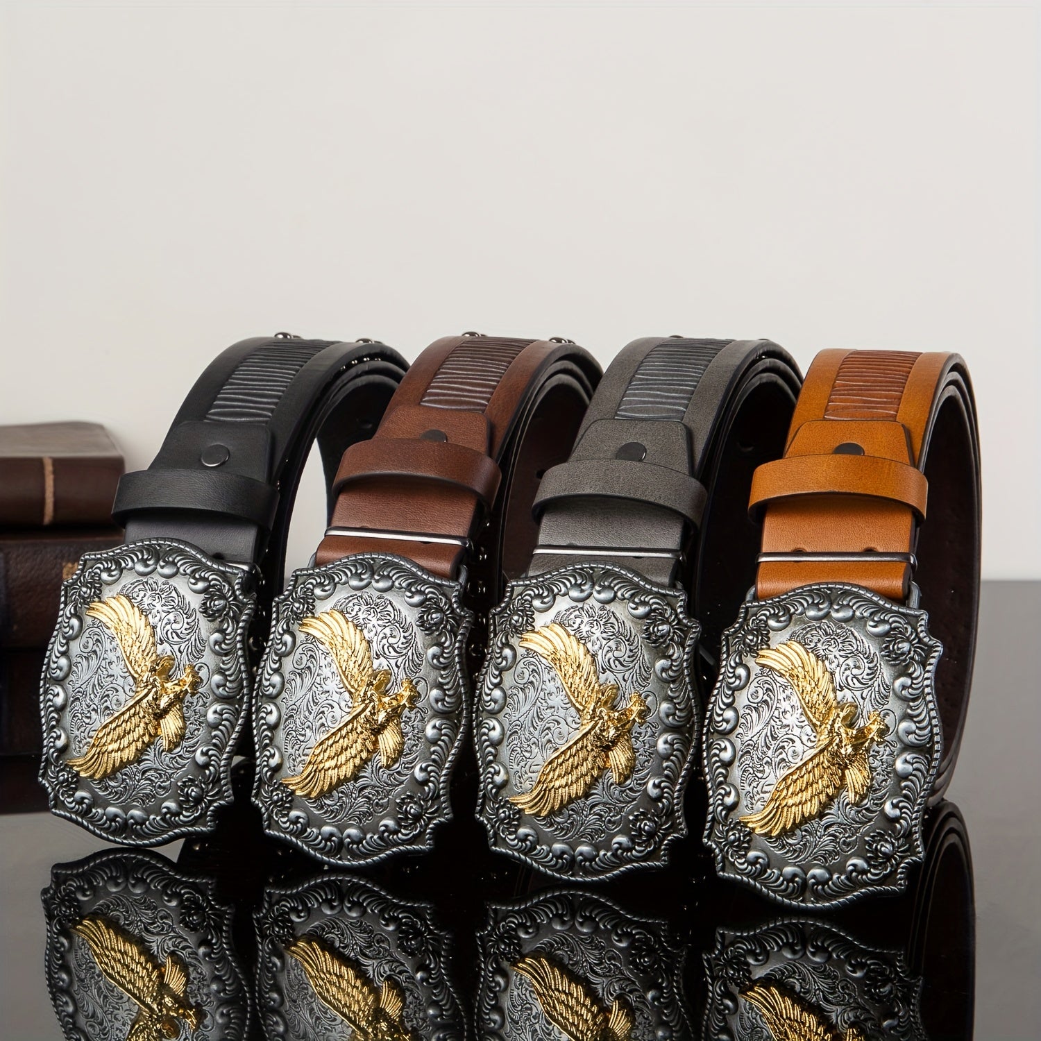 Eagle Western Big Board Buckle Belt Vintage Print Durable Men's Leather Belt