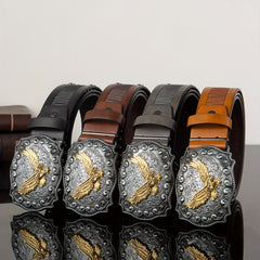 Eagle Western Big Board Buckle Belt Vintage Print Durable Men's Leather Belt