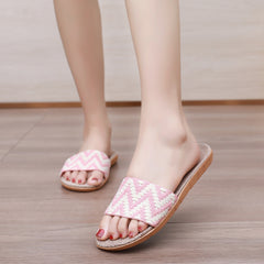 Women's Linen Chevron Pattern Slides Open Toe Slip On Shoes