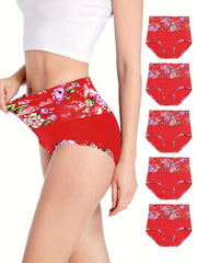 5pcs Floral Print Briefs Comfy & Stretchy Intimates Panties