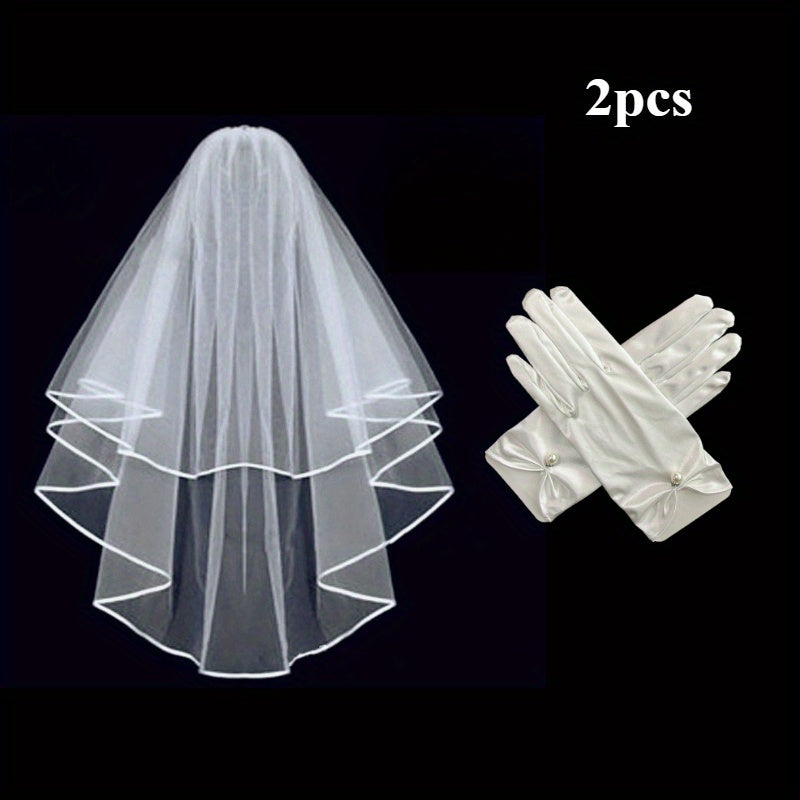 Bridal Veil Pearl Gloves Short Satin Edge Net Veil Wedding Bachelorette Party