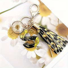 Sunflower Pattern Resin Letter Keychain with Tassel