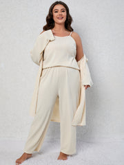  Textured Cami Top & Wide Leg Pants & Robe Pajama Set