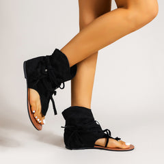 Women's Lace-Up Tassel Sandals Boots Open Toe Flat Shoes
