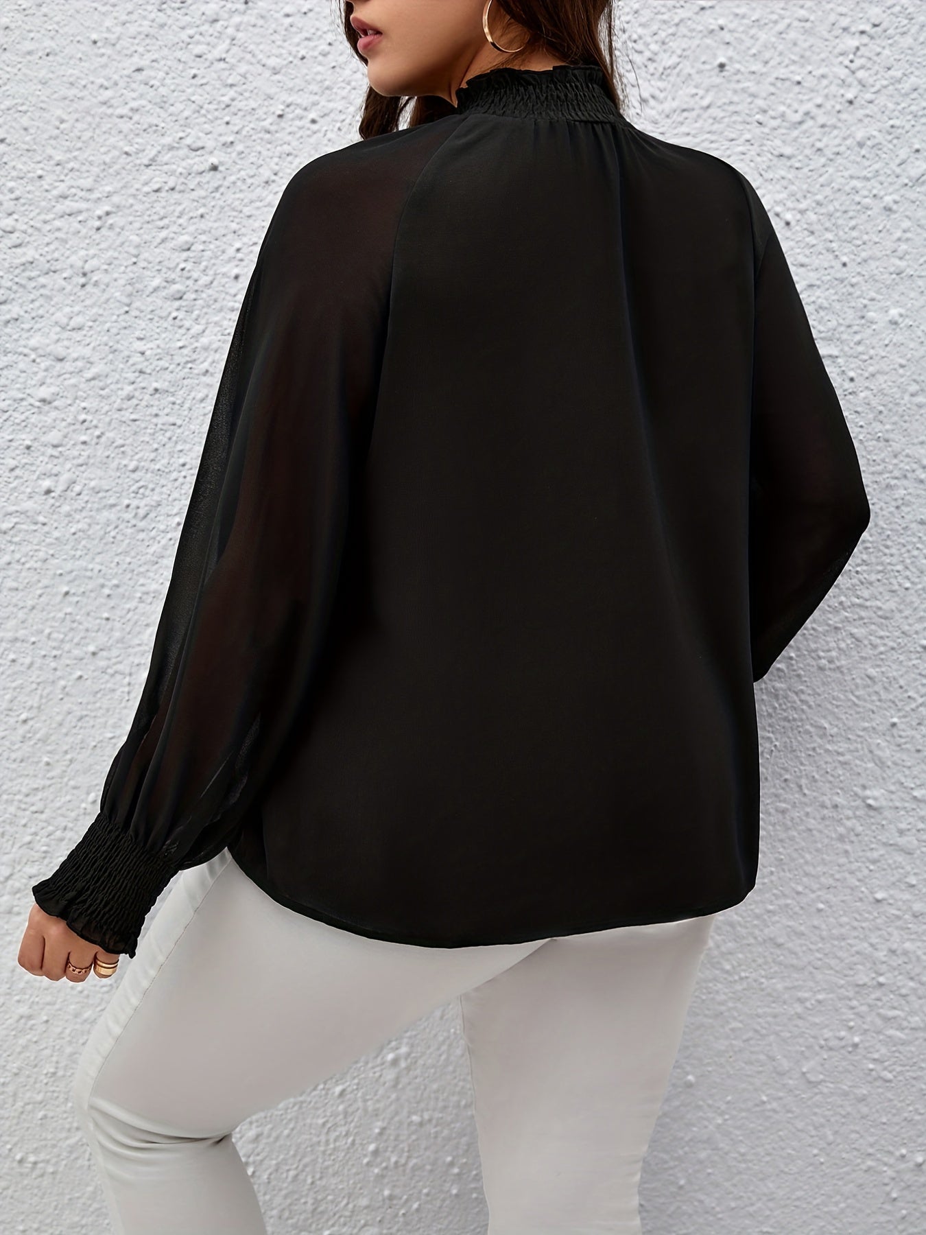  Solid Lantern Sleeve High Neck Blouse